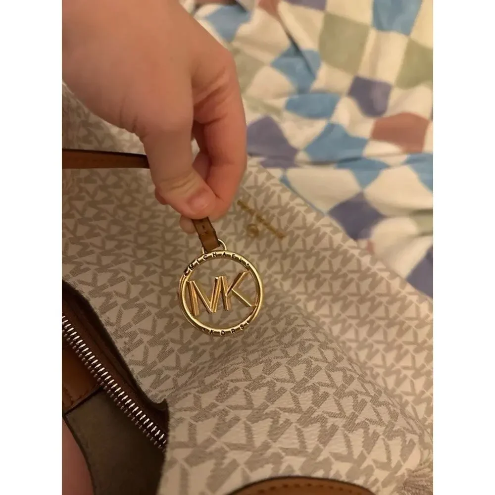 Michael Kors Signature Monogram Large Zip Tote Beige Brown Shoulder Strap Gold